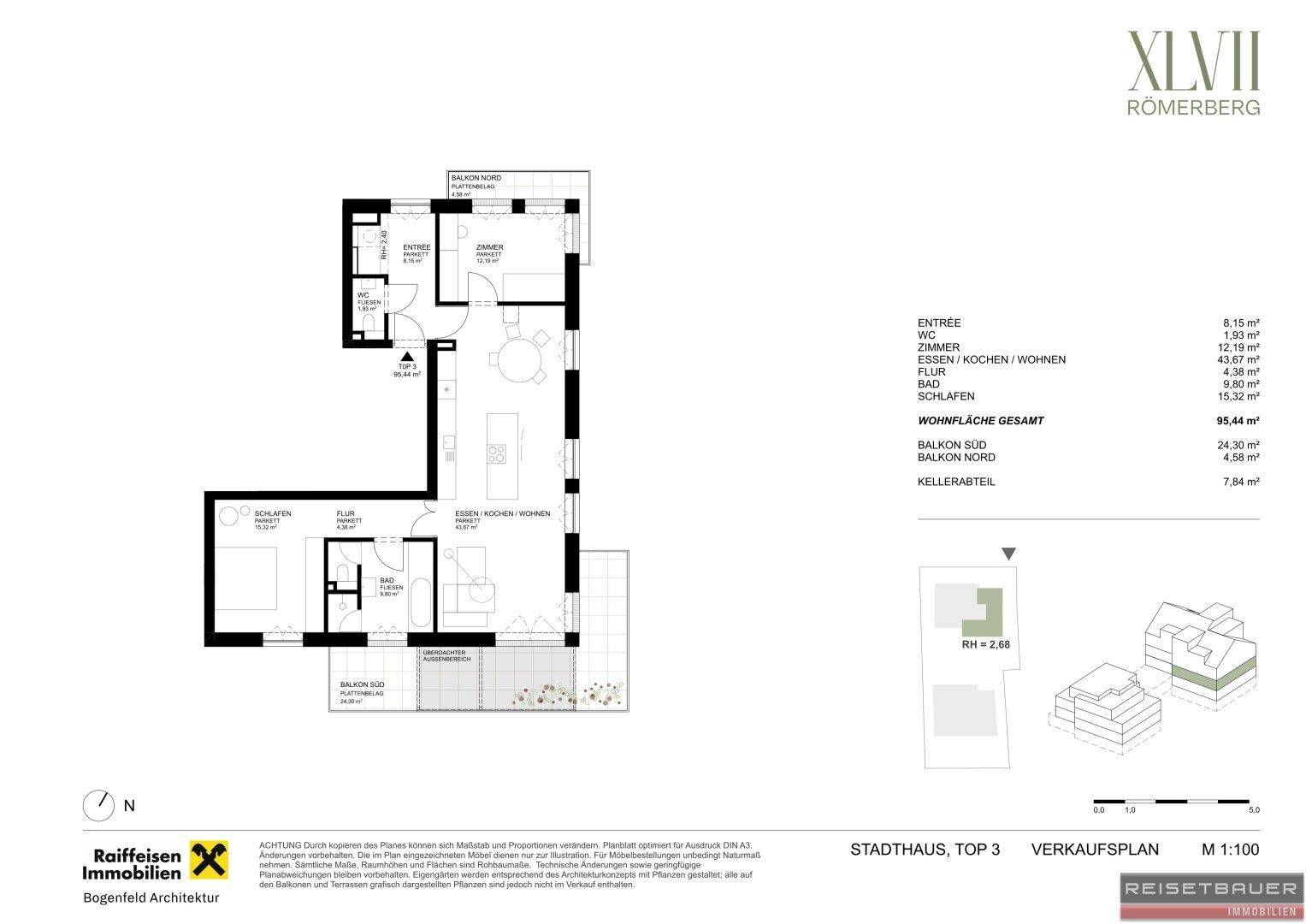 Grundriss des Stadthauses Top 3 mit offenem Wohnbereich, Balkonen und Garten im Obergeschoss.