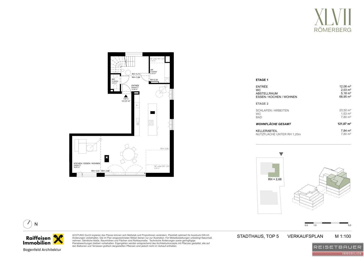 Grundriss des Stadthauses Top 5, Etage 1, mit offenem Wohn-Essbereich und Treppe zum Obergeschoss.