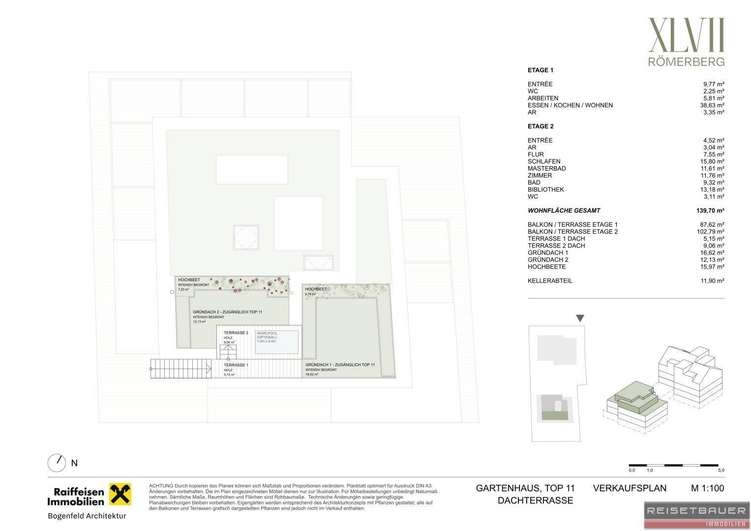 Grundriss der Dachterrasse des Gartenhauses Top 11 mit großzügigen Außenbereichen und Grünflächen.