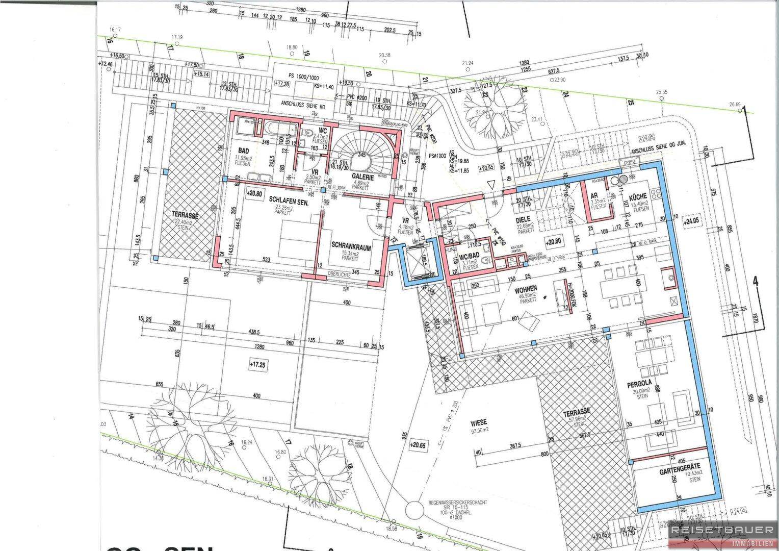 Grundriss des Erdgeschosses mit offenem Wohnbereich, Küche, Schlafzimmer und großer Terrasse.