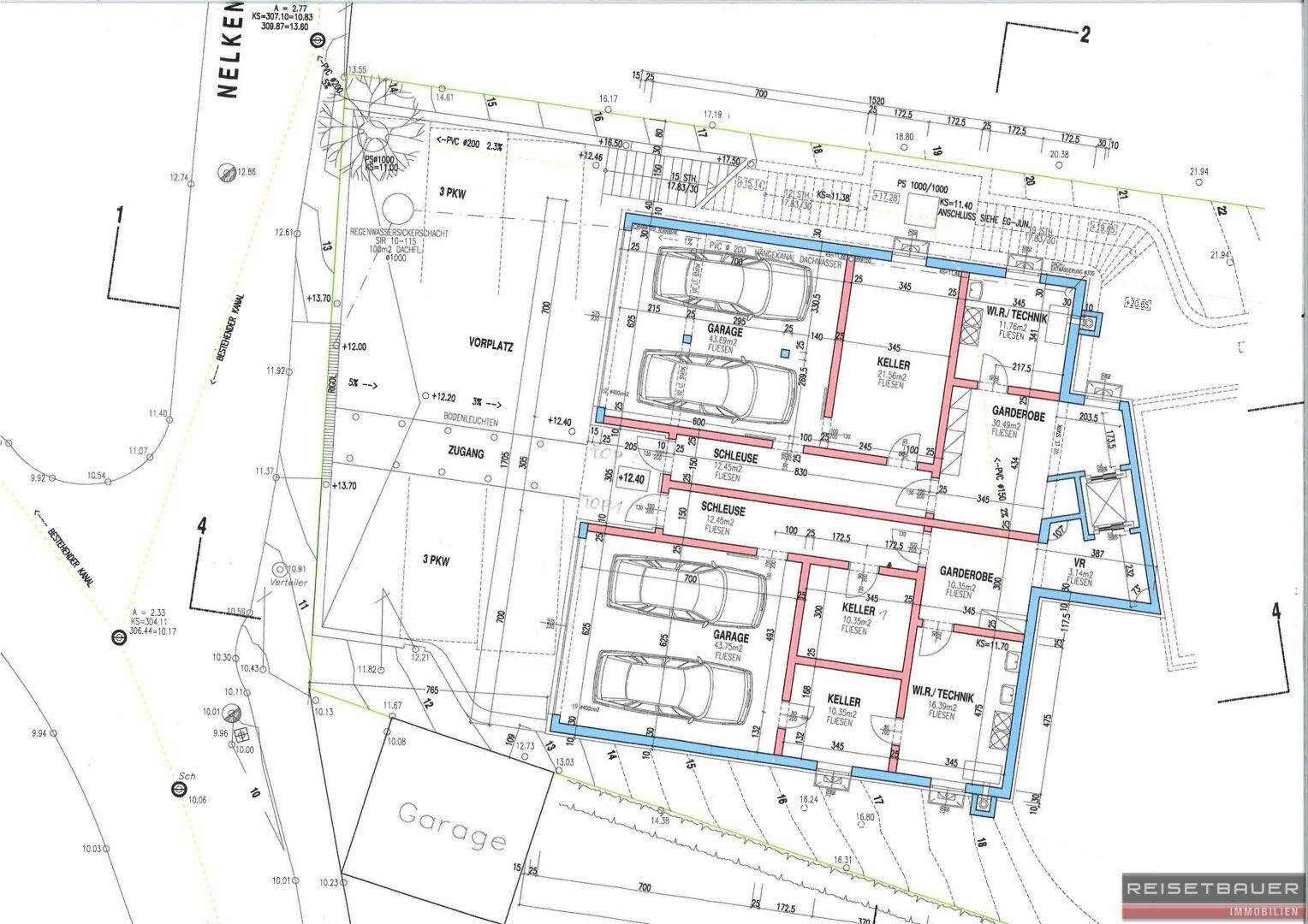 Detaillierter Lageplan mit Grundriss des Untergeschosses, Garagen und Kellerräumen.