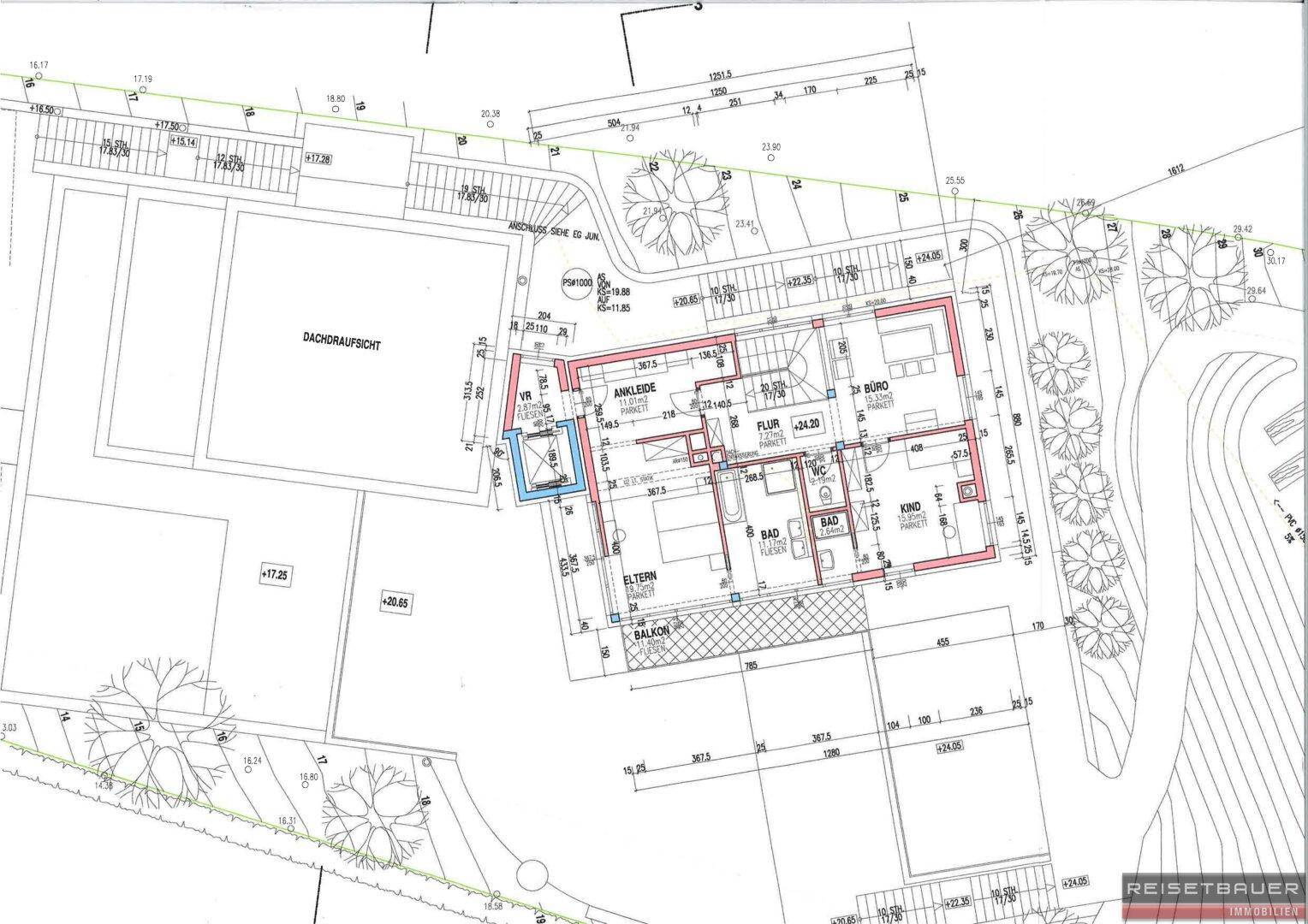 Grundriss des Obergeschosses mit Schlafzimmern, Büro, Bad und Balkon sowie Dachaufsicht des Pools.
