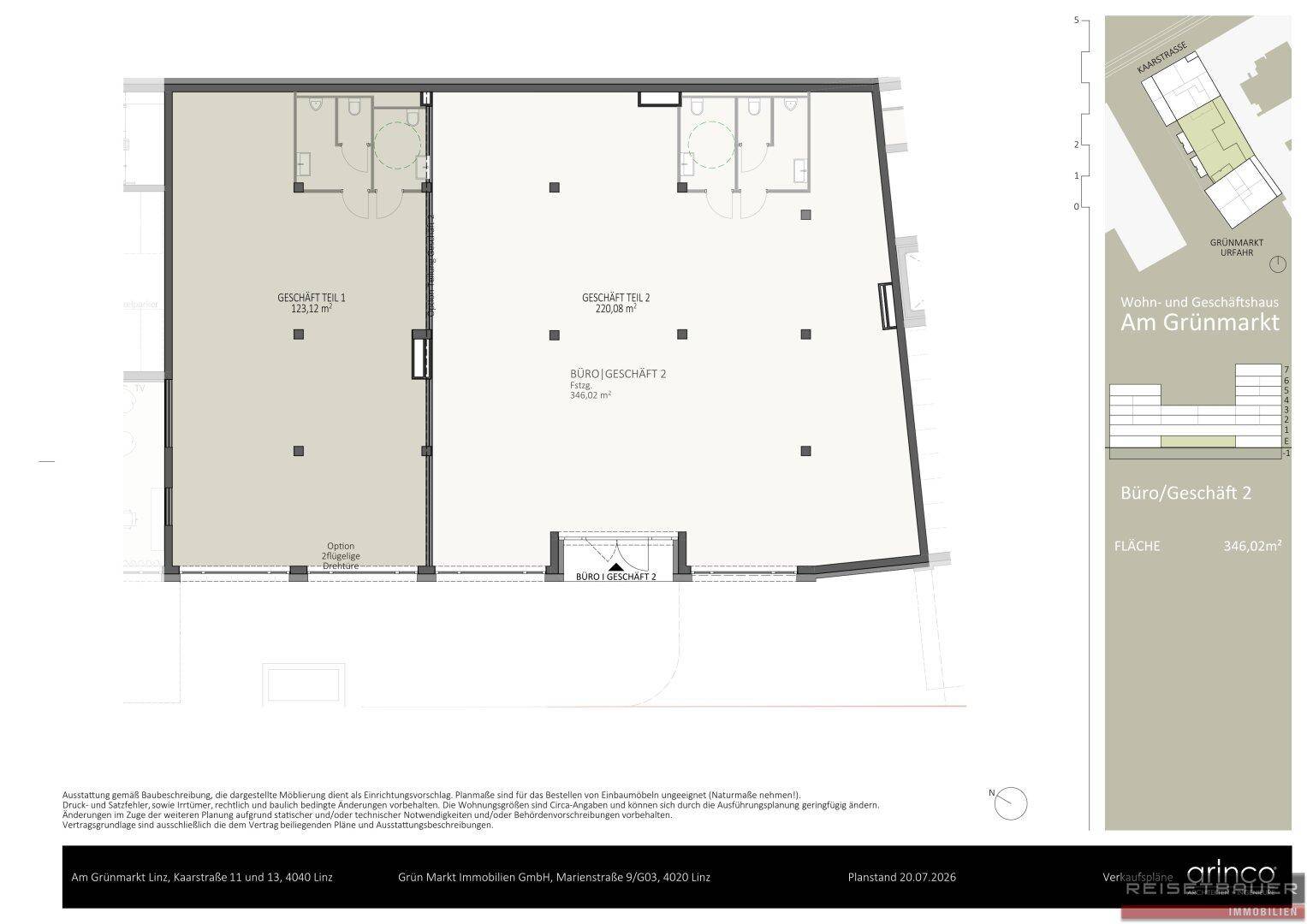 Grundrissplan für flexible Büro- und Gewerbeflächen mit separaten Toilettenbereichen und großen Fenstern.