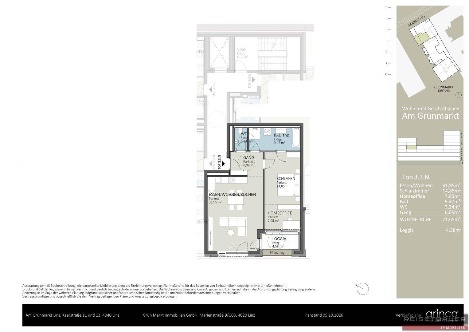 Grundriss einer modernen Wohnung mit offenem Wohnbereich, Schlafzimmer, Homeoffice, Bad und Loggia.