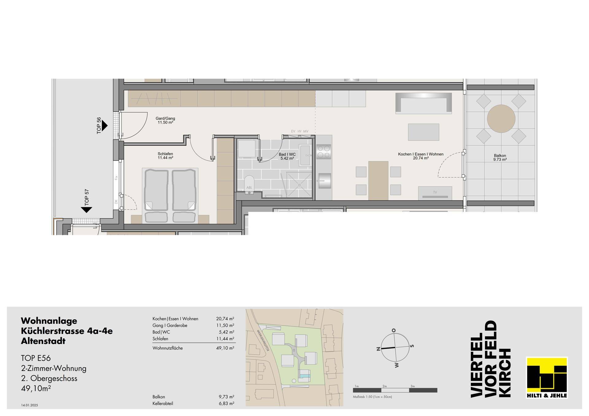 Grundriss einer 2-Zimmer-Wohnung im Obergeschoss mit Balkon und offenem Wohnbereich.