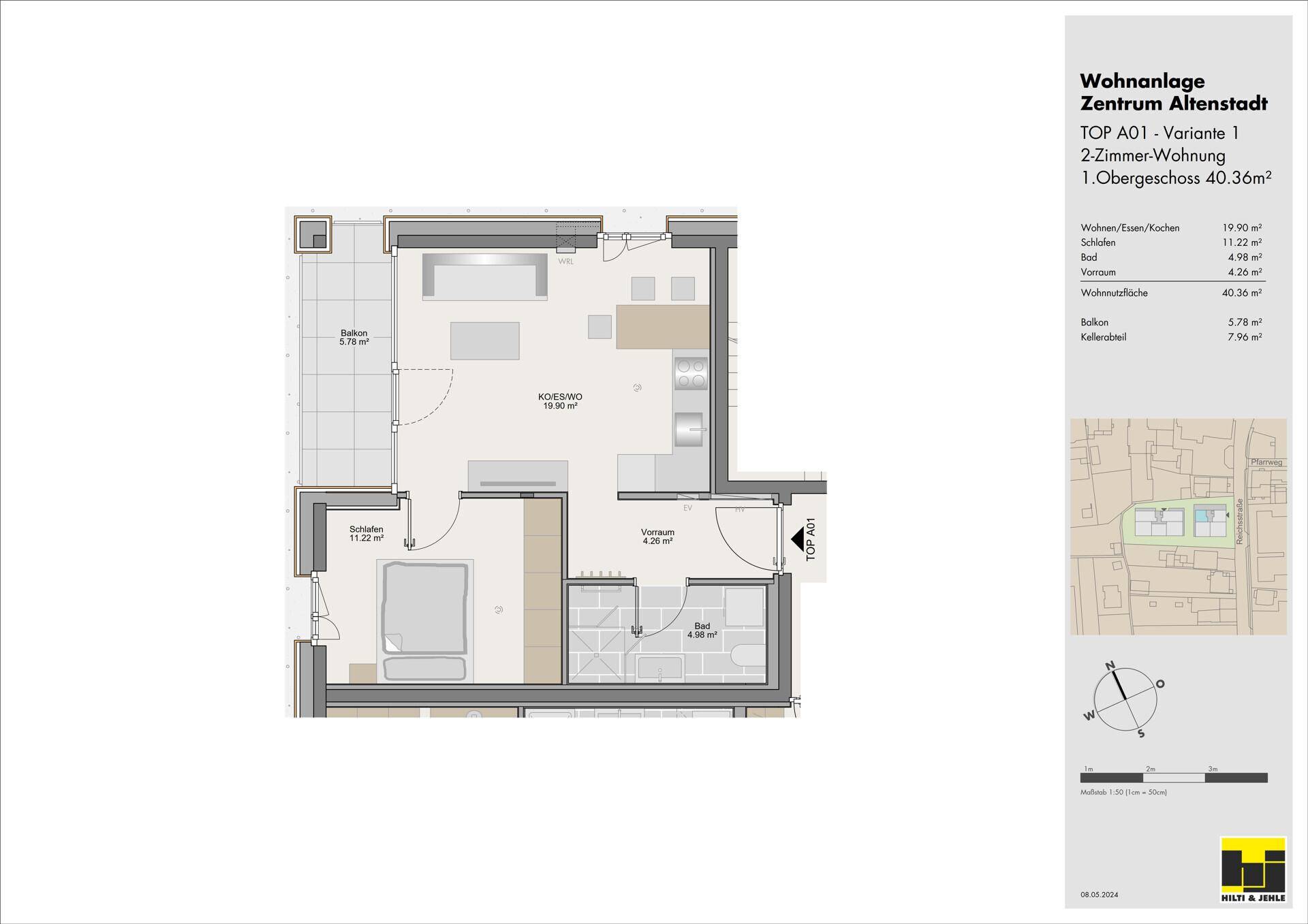 Grundriss einer 2-Zimmer-Wohnung im Obergeschoss mit Balkon und offenem Wohnbereich.