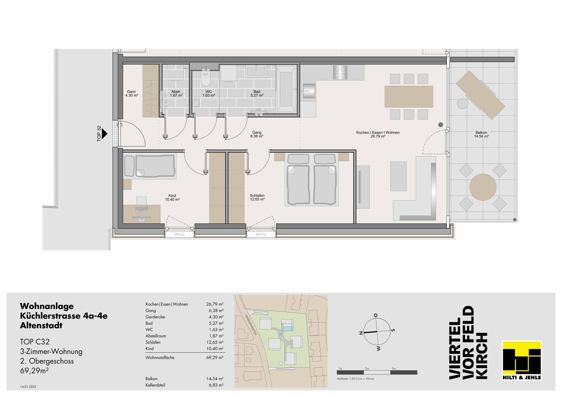 Grundriss einer 3-Zimmer-Wohnung mit offenem Wohnbereich, zwei Bädern und großem Balkon.