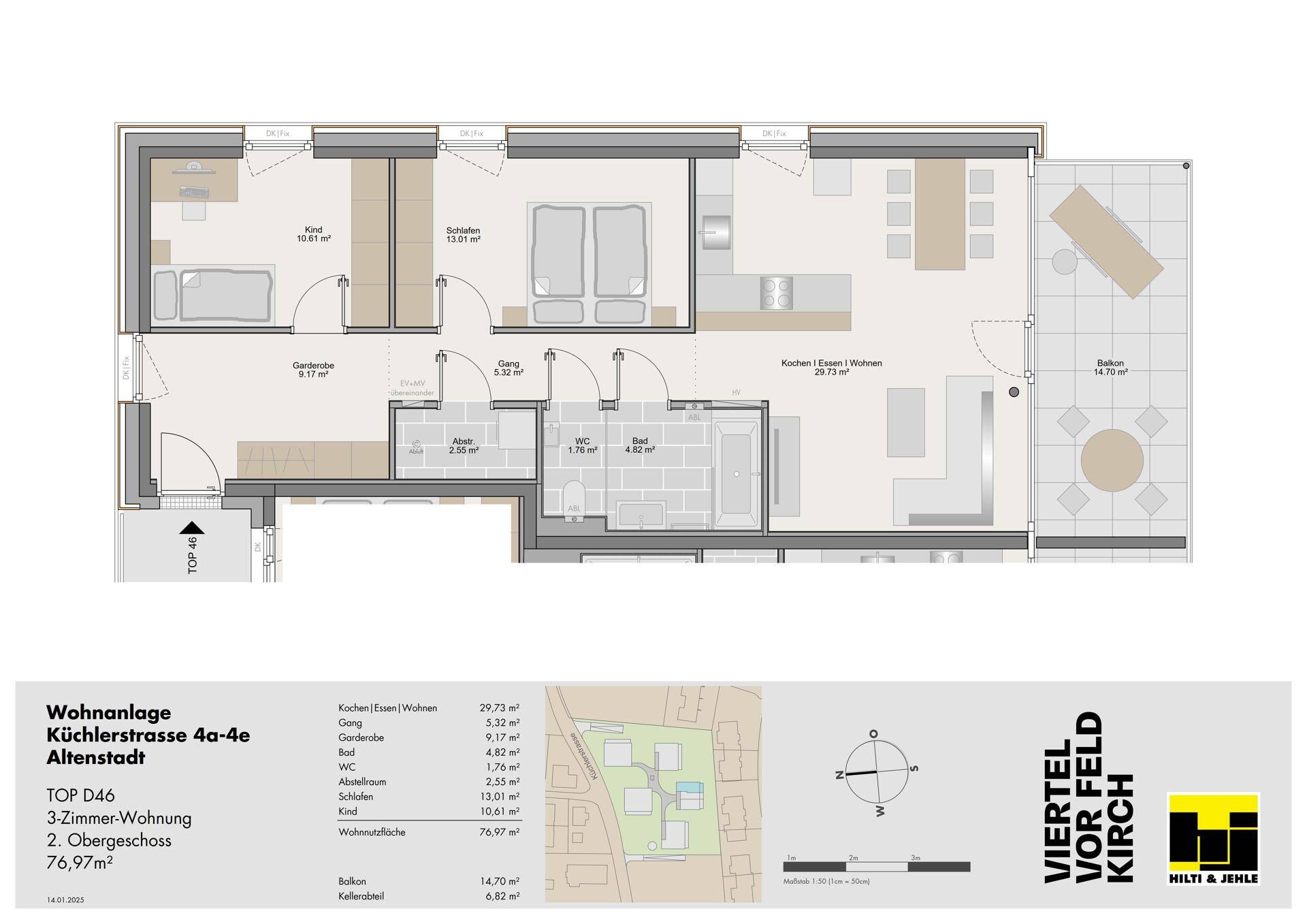 Detaillierter Grundriss einer 3-Zimmer-Wohnung mit offenem Wohnbereich und großem Balkon.