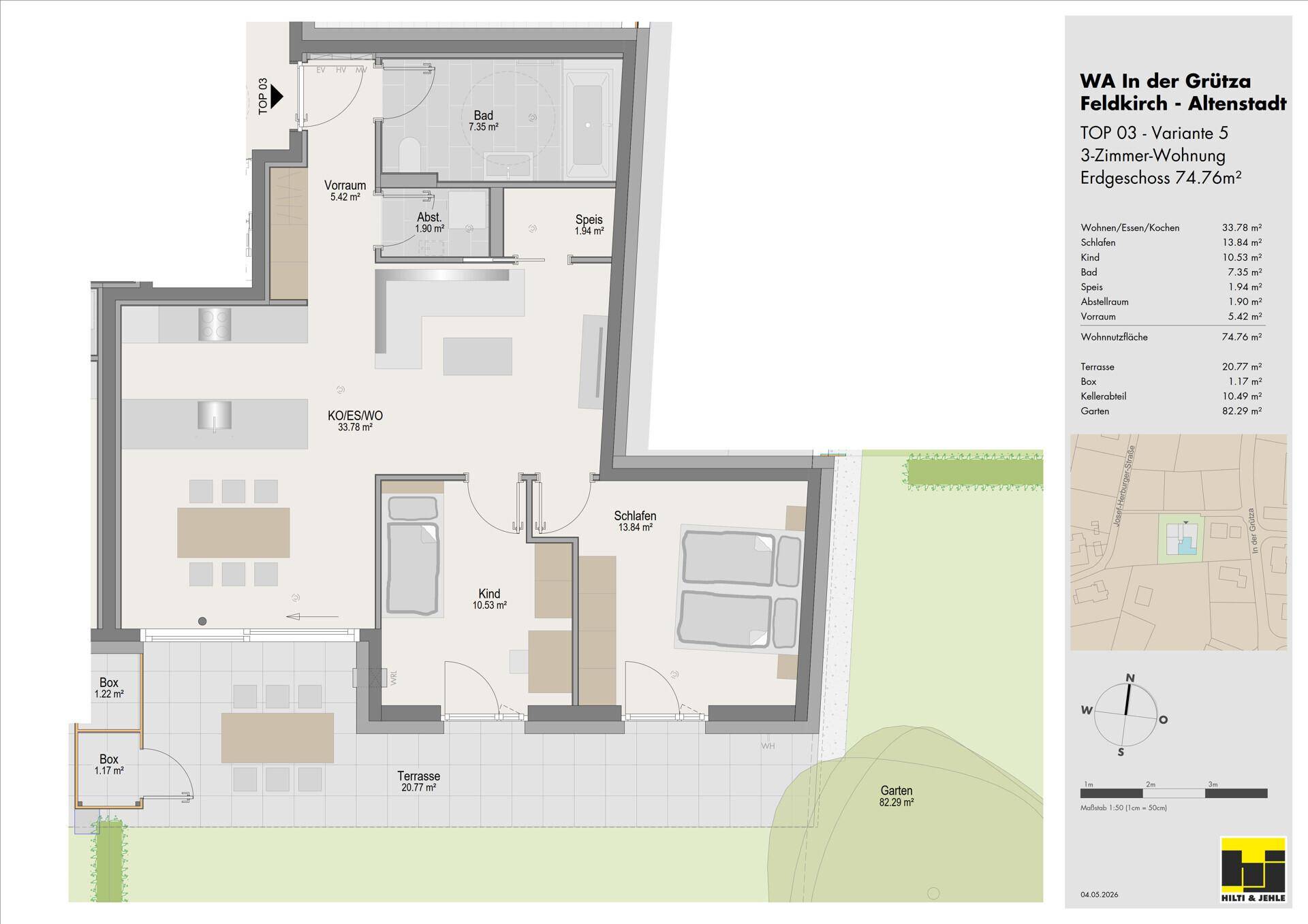 Grundriss einer 3-Zimmer-Erdgeschosswohnung mit offener Wohnküche, Terrasse und Gartenanteil.