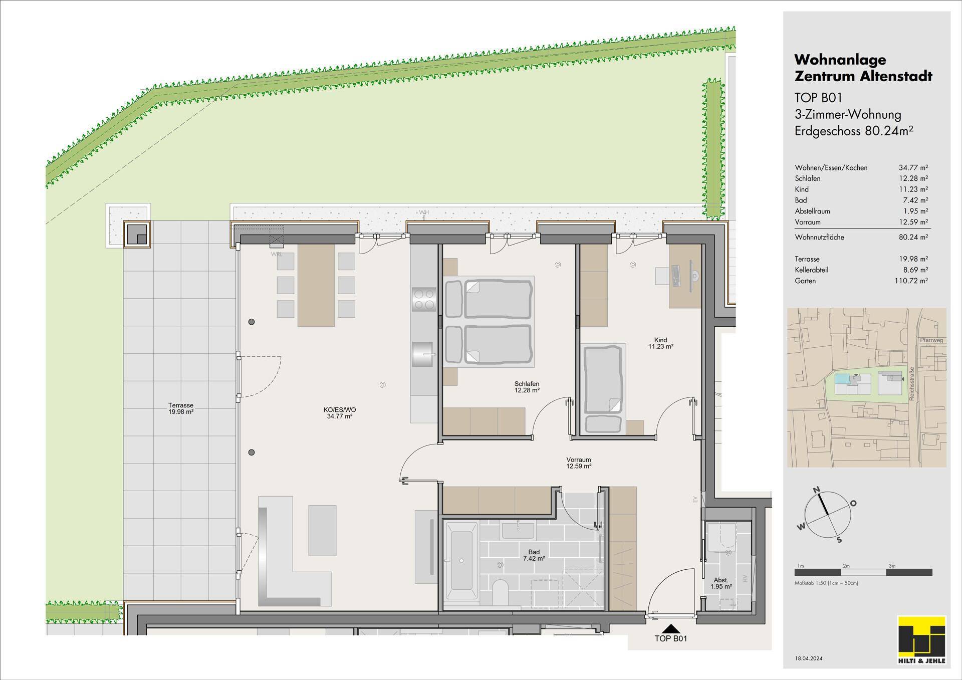 Grundriss einer 3-Zimmer-Wohnung im Erdgeschoss mit Terrasse und Gartenanteil.