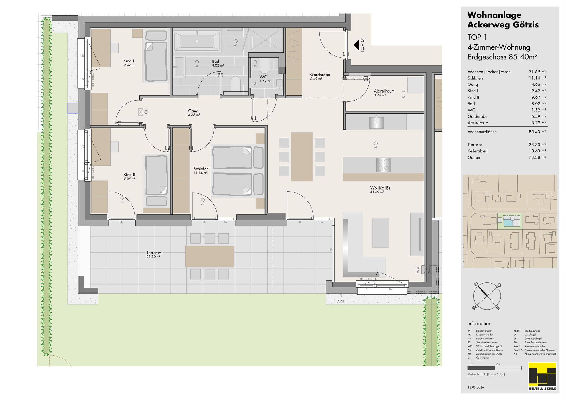 Grundriss einer 4-Zimmer-Wohnung im Erdgeschoss mit großer Terrasse und Balkon.
