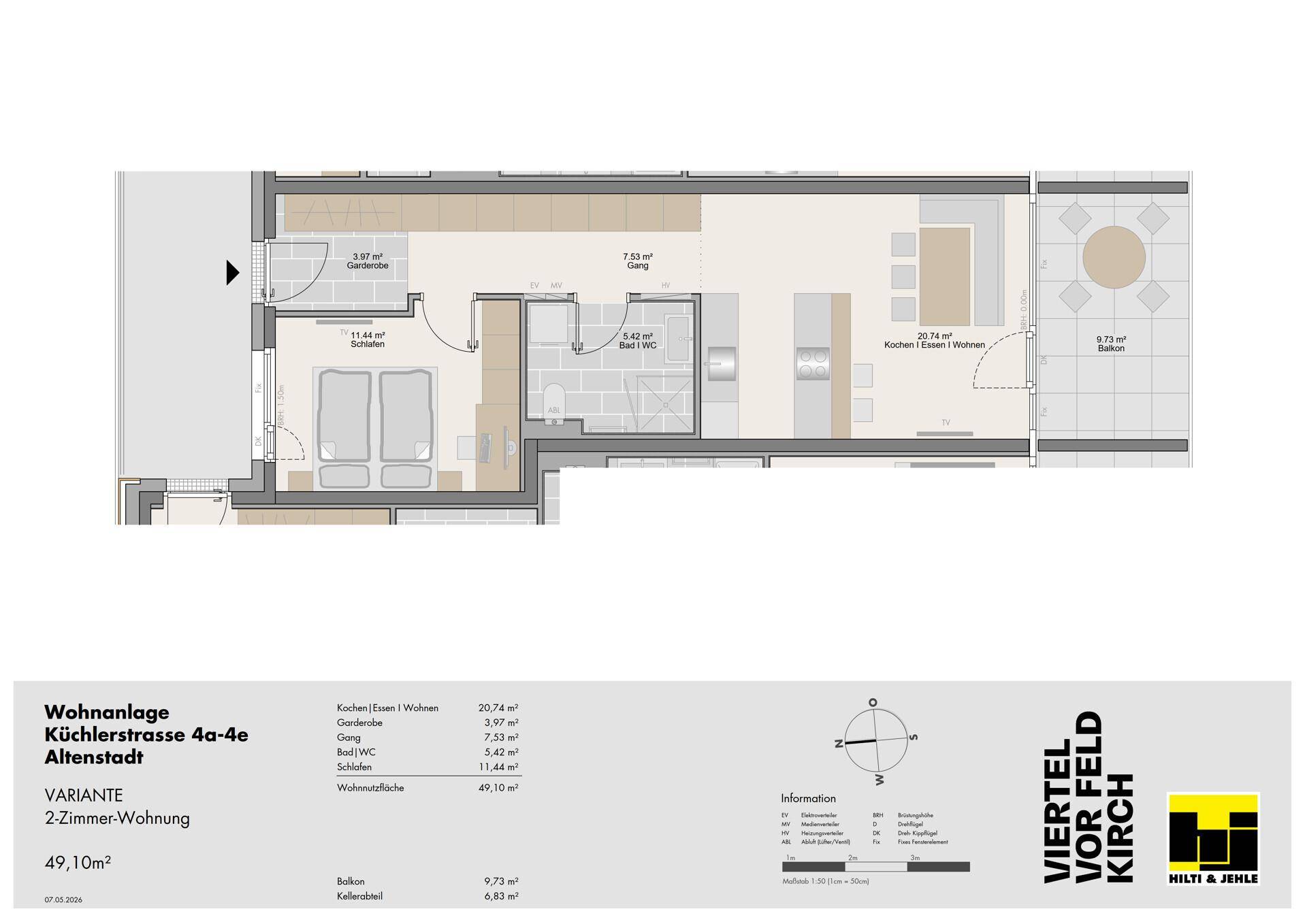 Grundriss einer 2-Zimmer-Wohnung mit offenem Wohn-Essbereich, Schlafzimmer, Bad und Balkon.