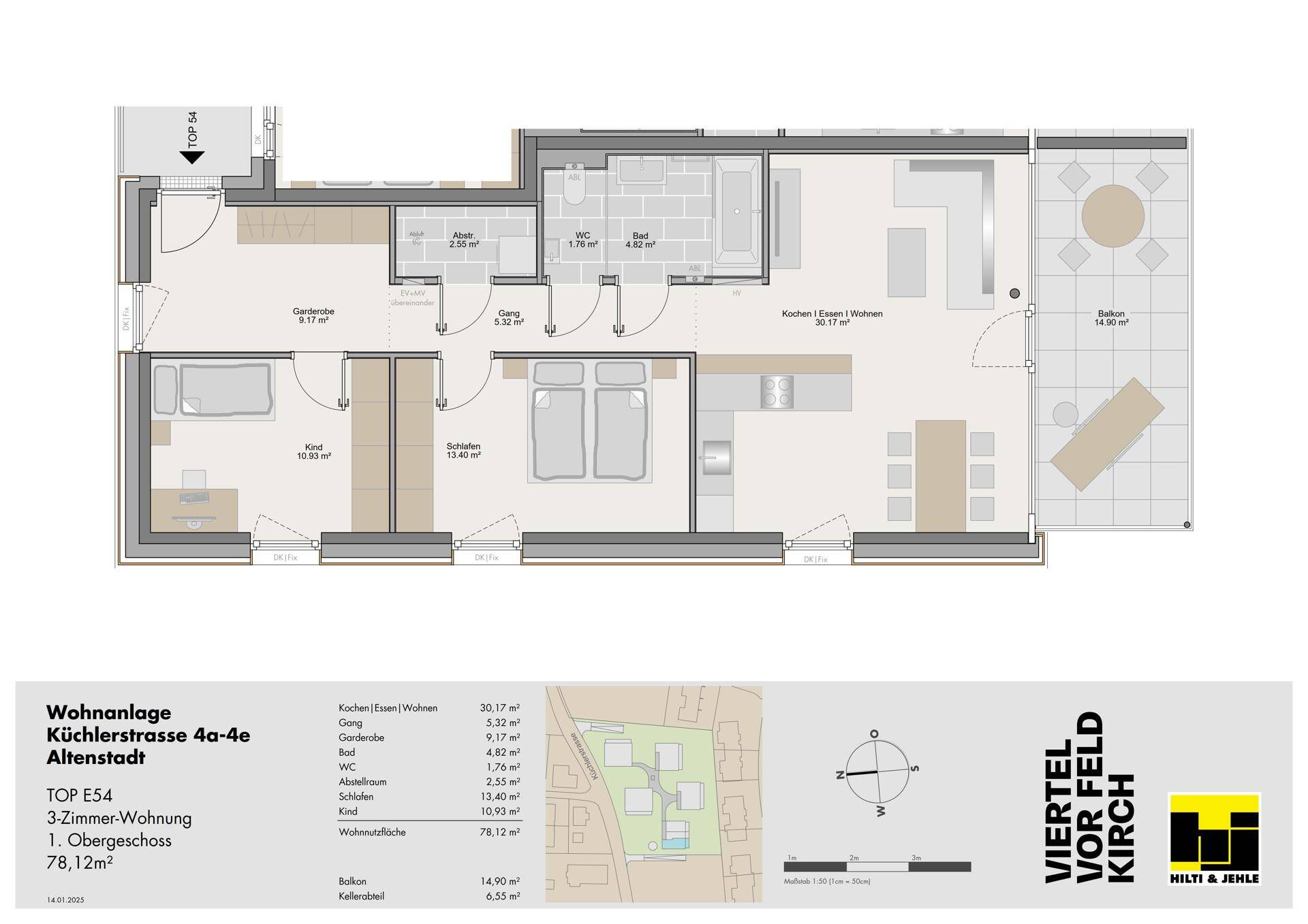 Detaillierter Grundriss einer 3-Zimmer-Wohnung mit Balkon und offenem Wohnbereich.