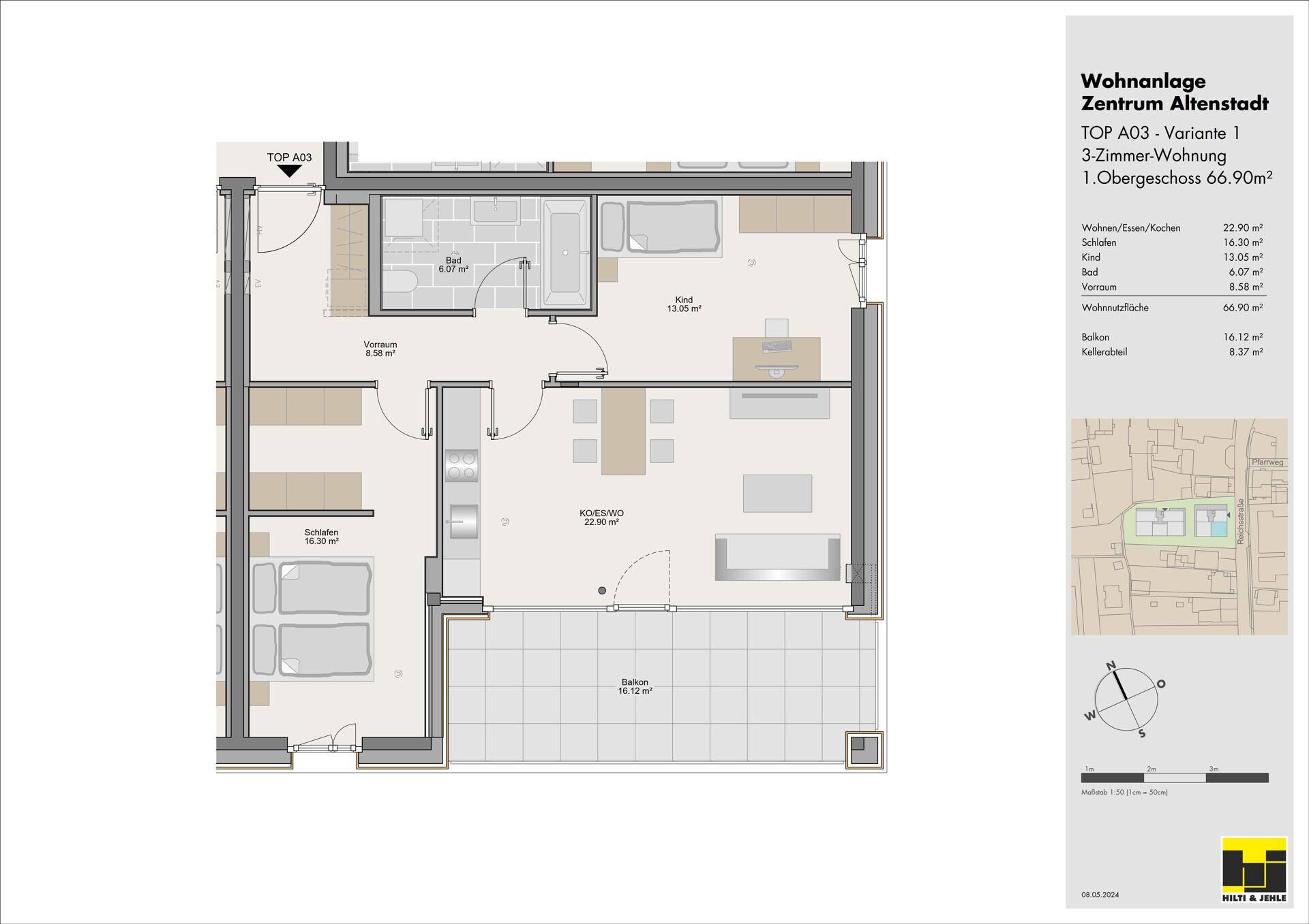 Grundriss einer 3-Zimmer-Wohnung im ersten Obergeschoss mit Balkon und offenem Wohnbereich.