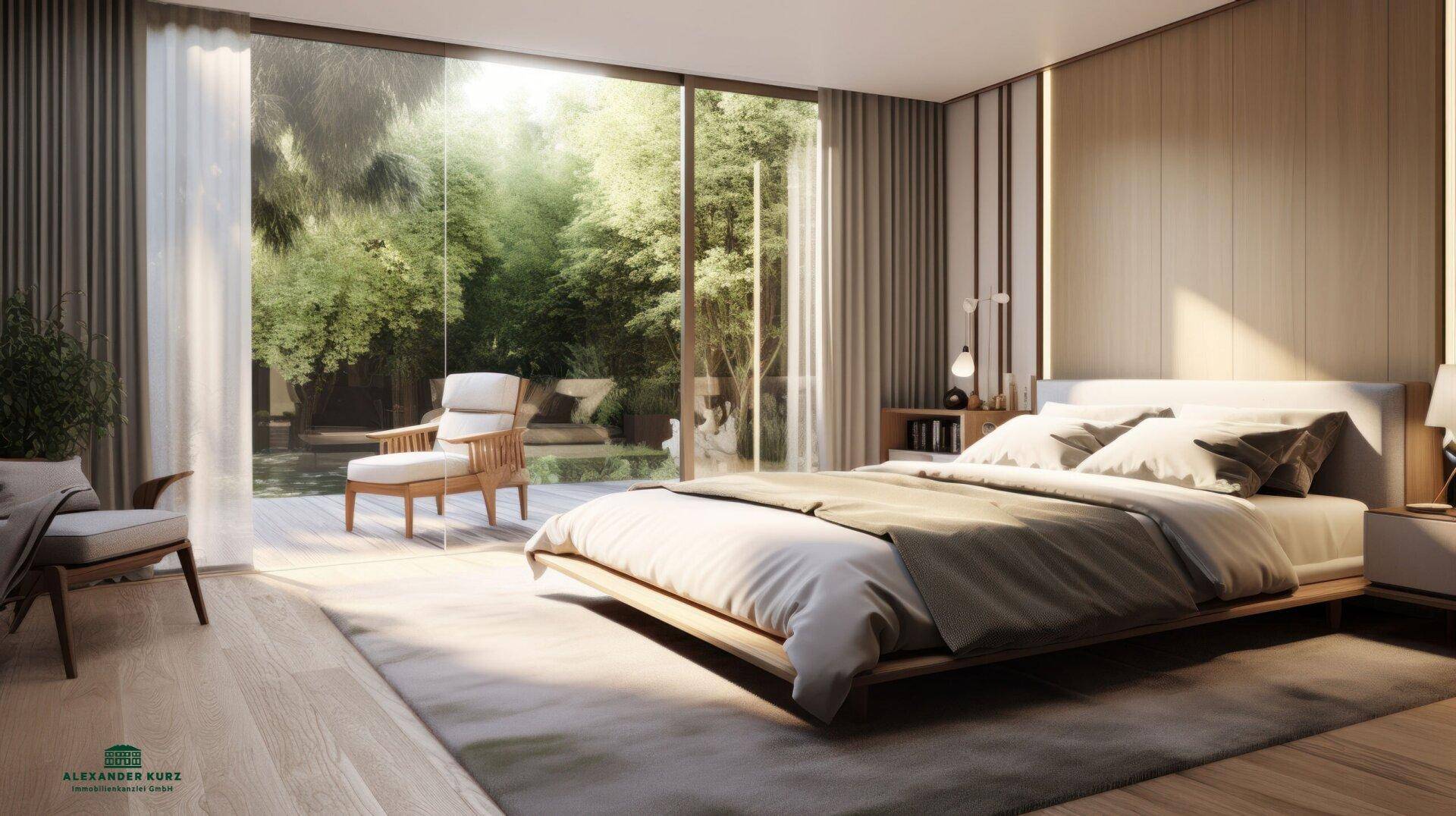 Helles Schlafzimmer mit Holzboden und raumhohen Fenstern mit Blick auf den grünen Garten.