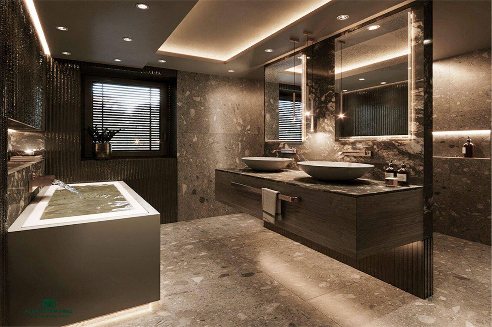 Luxuriöses Badezimmer mit freistehender Badewanne, Doppelwaschbecken und modernen dunklen Fliesen.