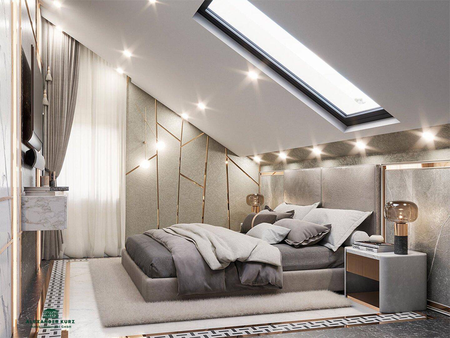 Elegantes Schlafzimmer im Dachgeschoss mit Dachschräge, modernem Design und Oberlichtfenster.