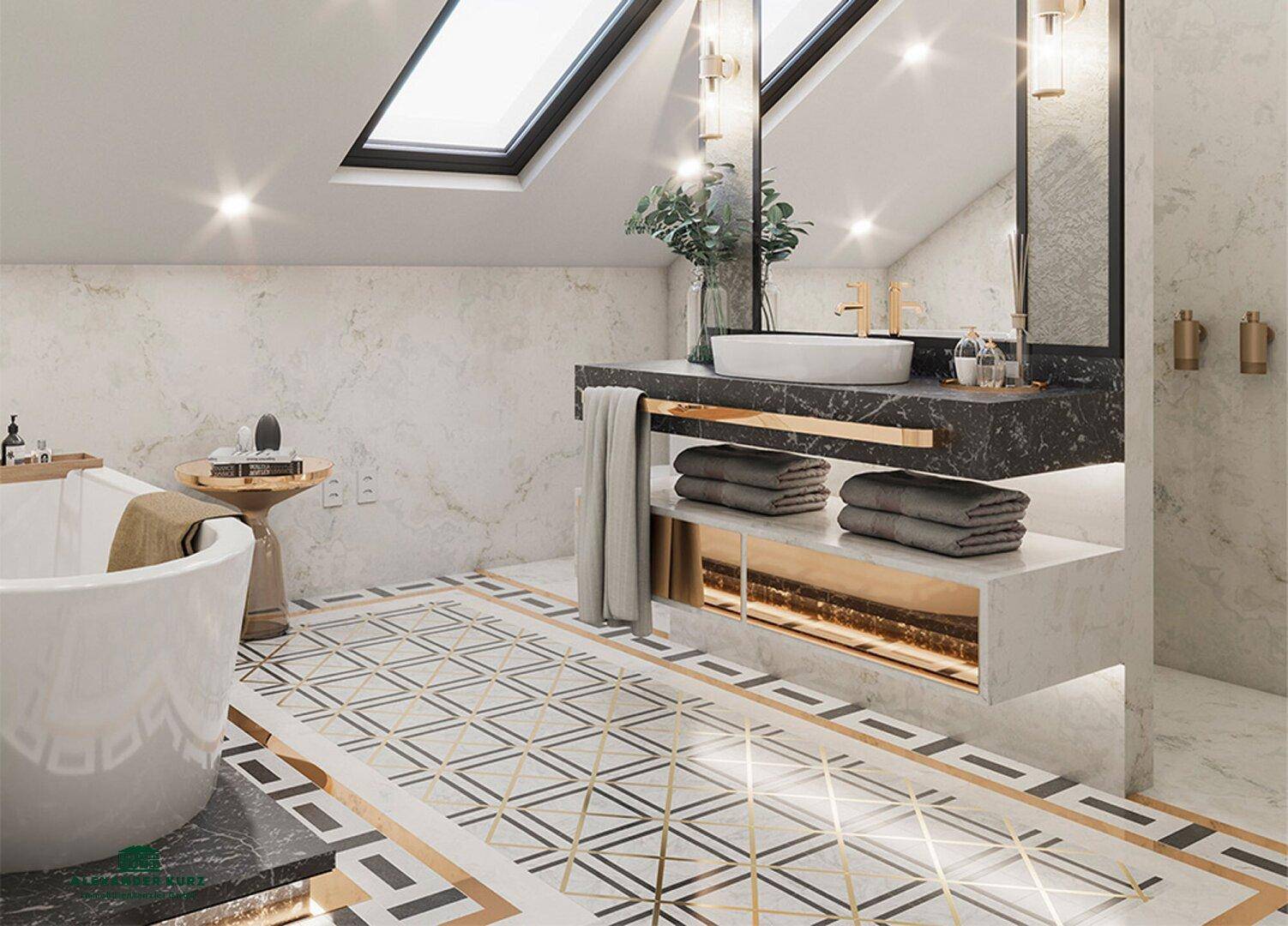 Luxuriöses Badezimmer mit freistehender Badewanne, Marmoroberflächen, Doppelwaschbecken und Dachfenster.