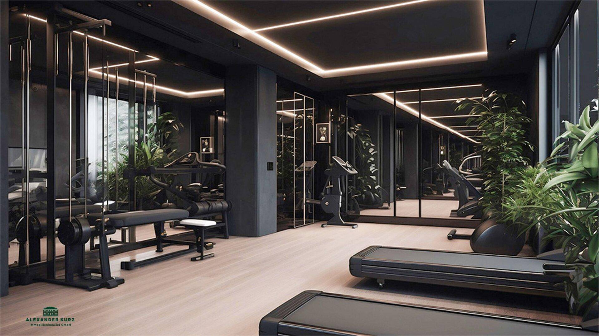 Moderner Fitnessraum mit verschiedenen Trainingsgeräten, Spiegelflächen und indirekter Beleuchtung.