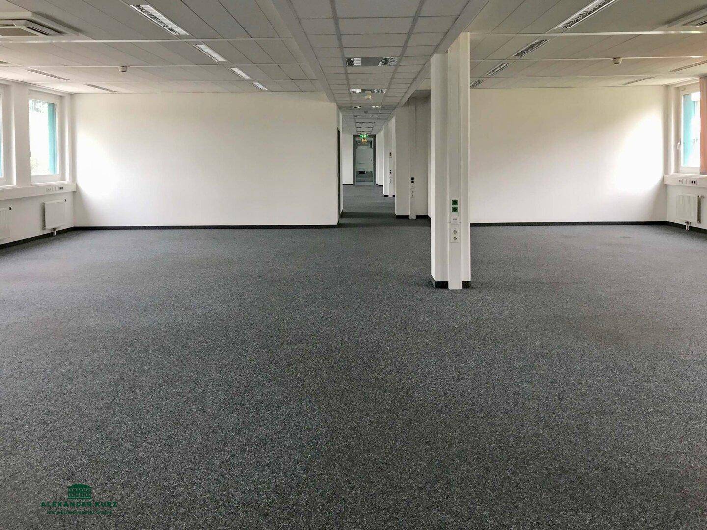 Weitläufiges, leeres Büro mit Säulen und Teppichboden, bietet viel Platz für individuelle Bürolösungen.