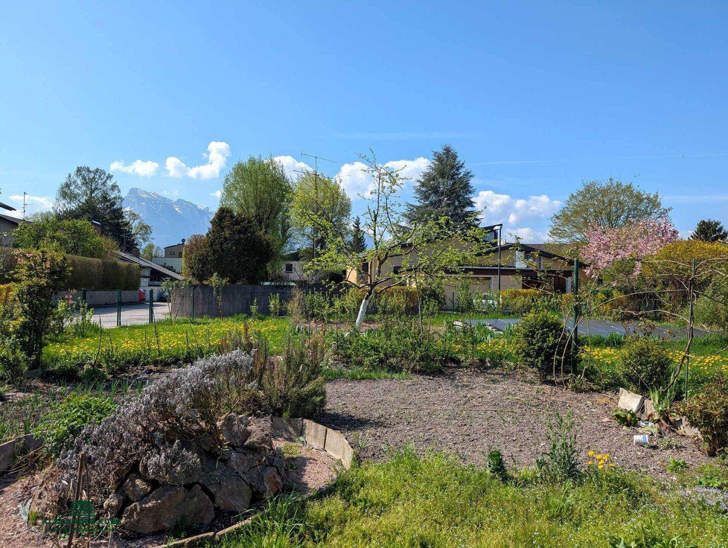 Gepflegter Gartenbereich mit Anbauflächen, Bäumen und einem malerischen Bergblick im Hintergrund.