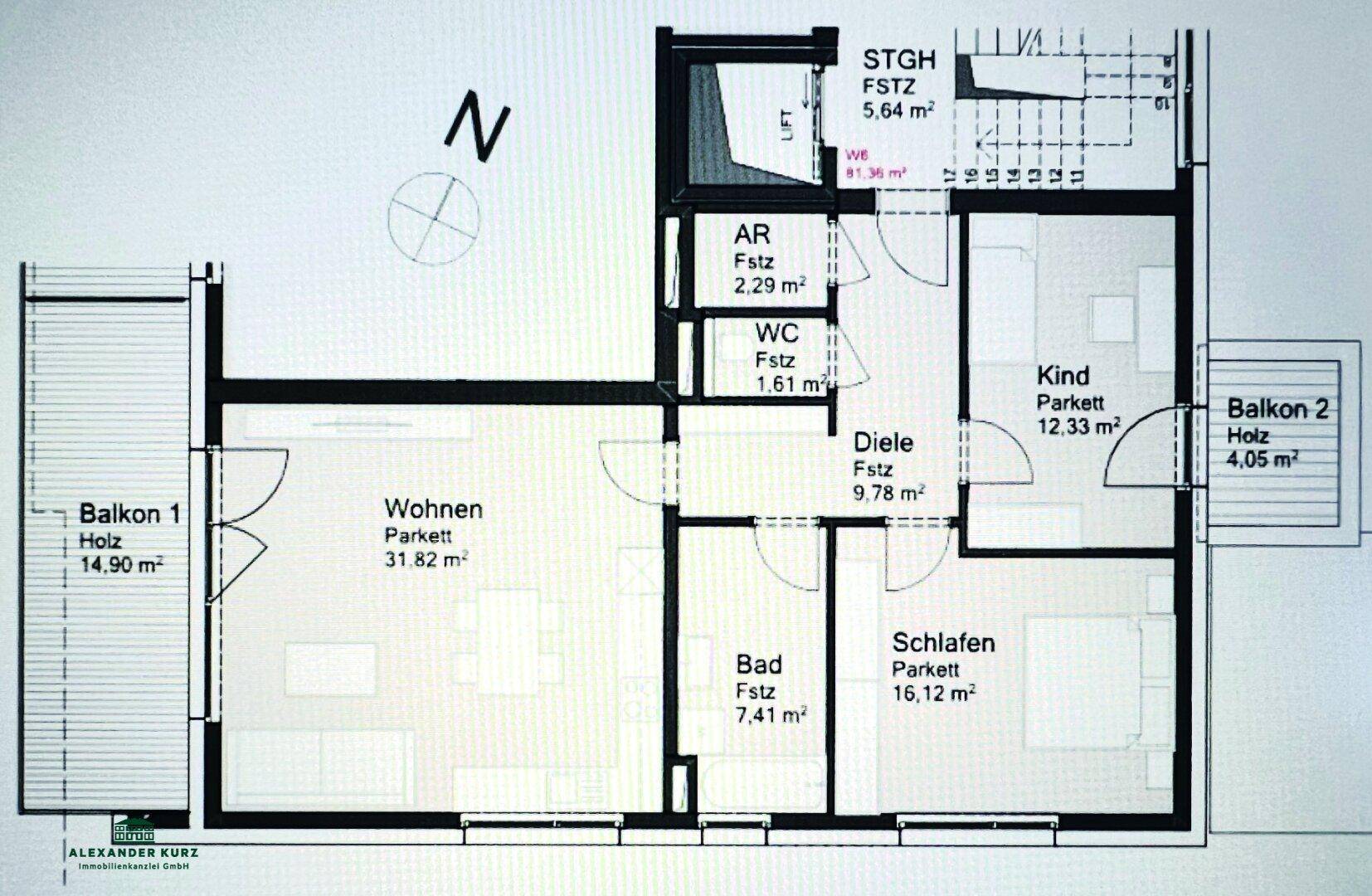 Detaillierter Grundriss einer Wohnung mit Wohnzimmer, Schlafzimmern und zwei Balkonen.