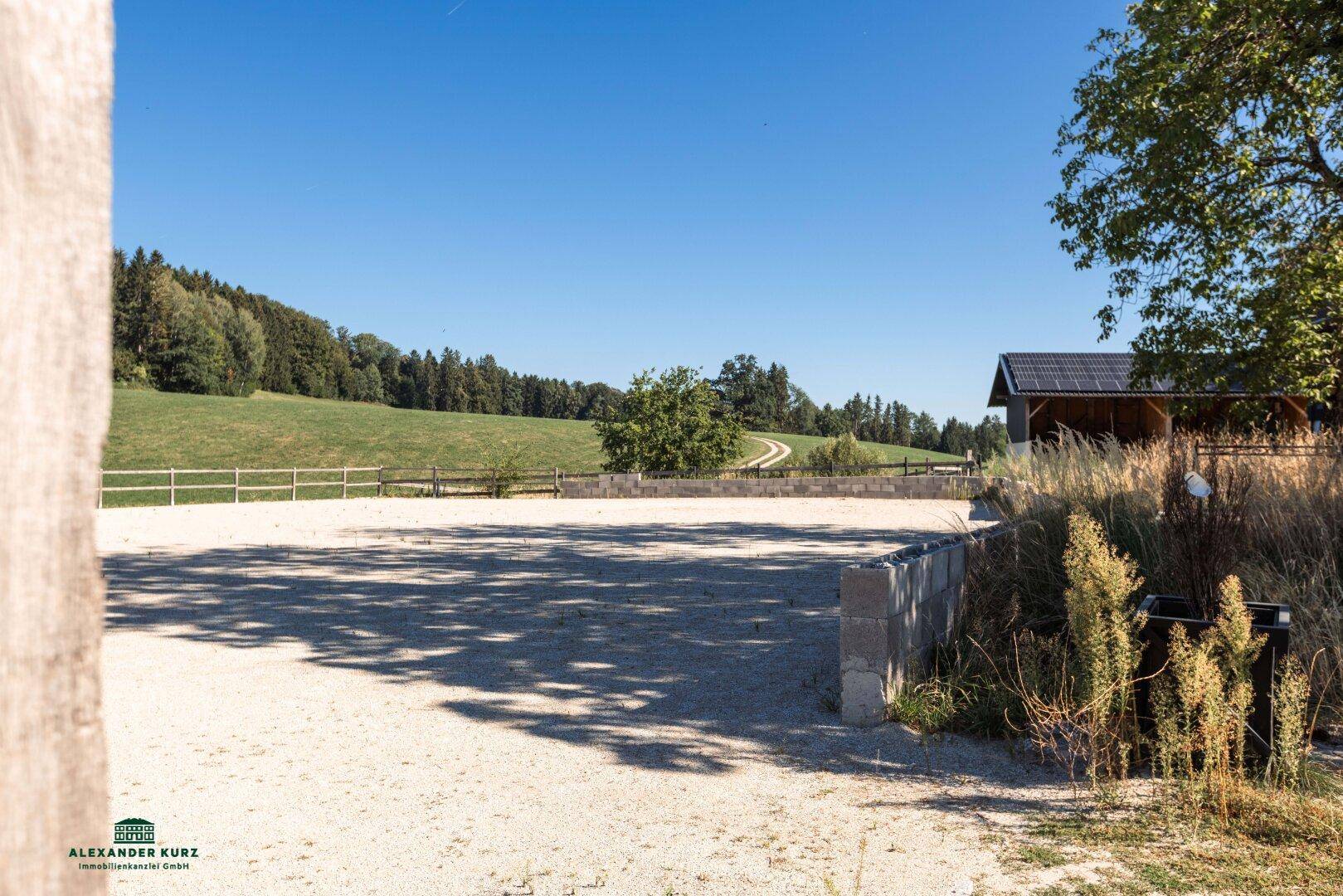 Reitplatz mit Sandboden, umgeben von grünen Hügeln und Bäumen unter blauem Himmel.