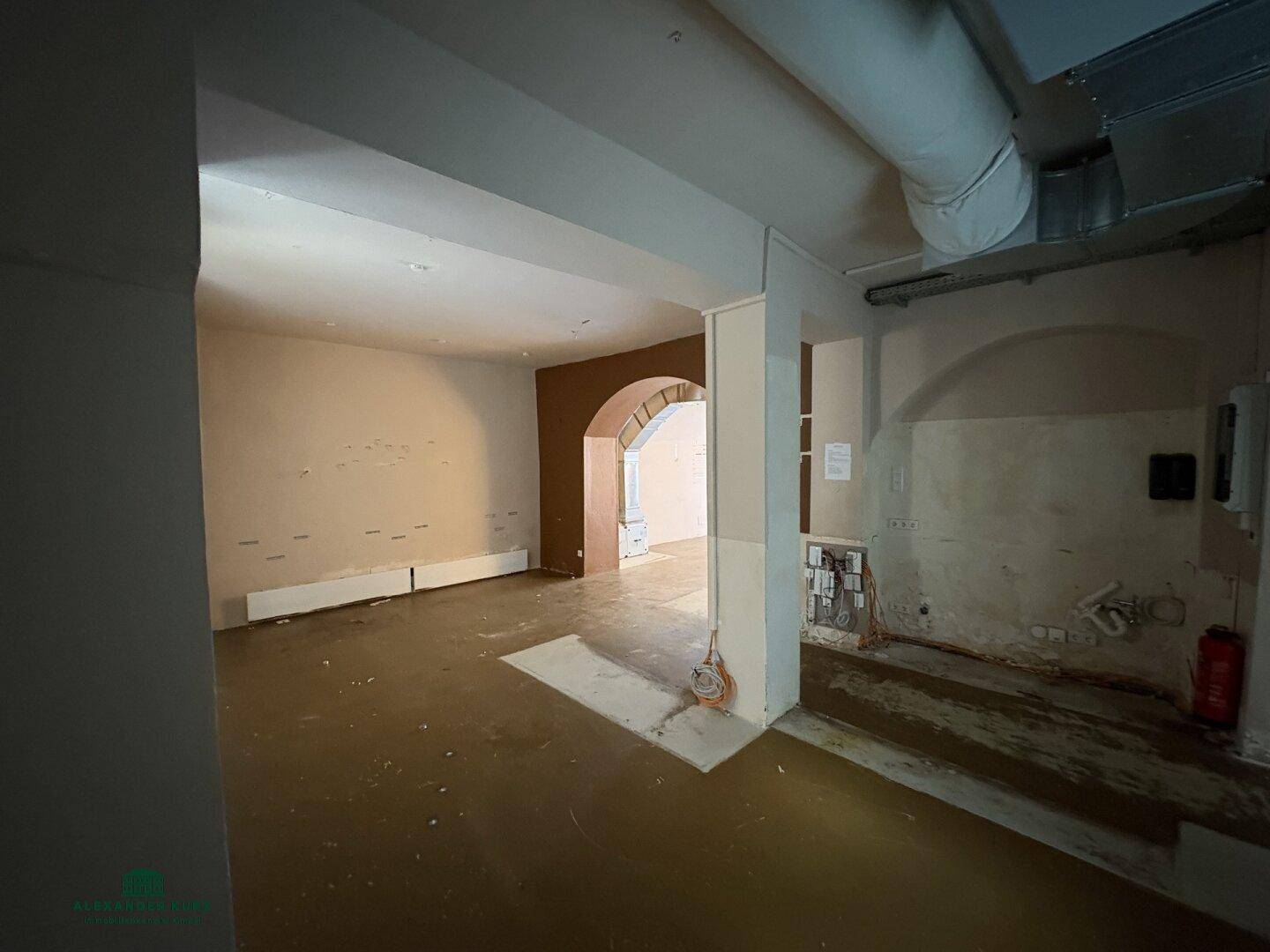 Weitläufiger Gewerberaum mit Säulen, sichtbaren Installationen und Betonboden, ideal für Umbau.