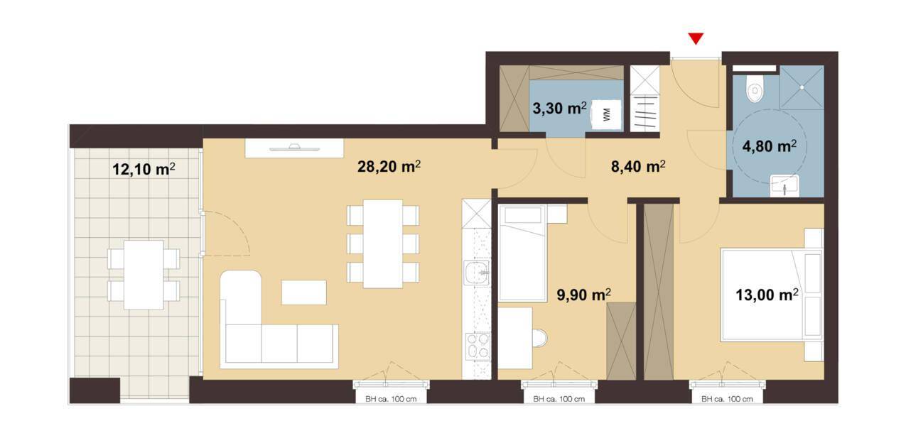 Grundriss einer modernen Wohnung mit offenem Wohnbereich, Schlafzimmer und großem Balkon.