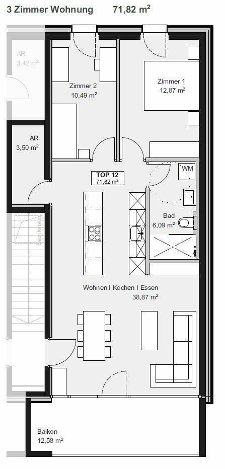 Grundriss einer 3-Zimmer-Wohnung mit offenem Wohnbereich, integrierter Küche, Bad und Balkon.
