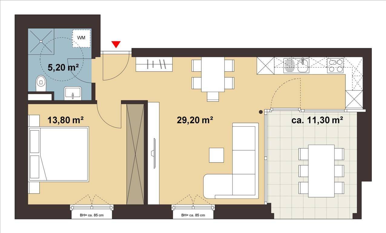 Grundriss einer Wohnung mit Schlafzimmer, Bad und offenem Wohn-Essbereich mit Küche.
