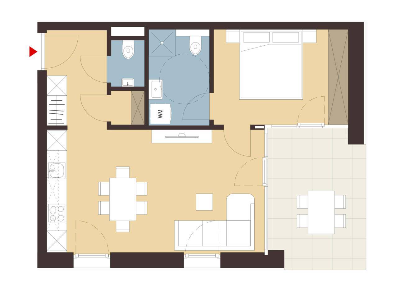 Grundriss einer Wohnung mit offenem Wohnbereich, Schlafzimmer, Bad, separatem WC und großer Terrasse.