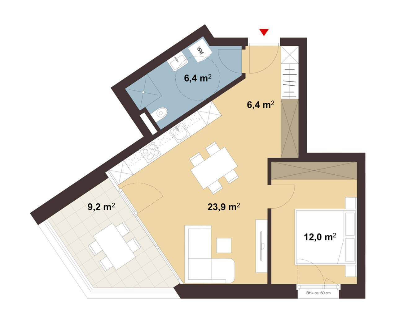 Grundriss einer Wohnung mit offenem Wohnbereich, separatem Schlafzimmer, Bad und großer Terrasse.