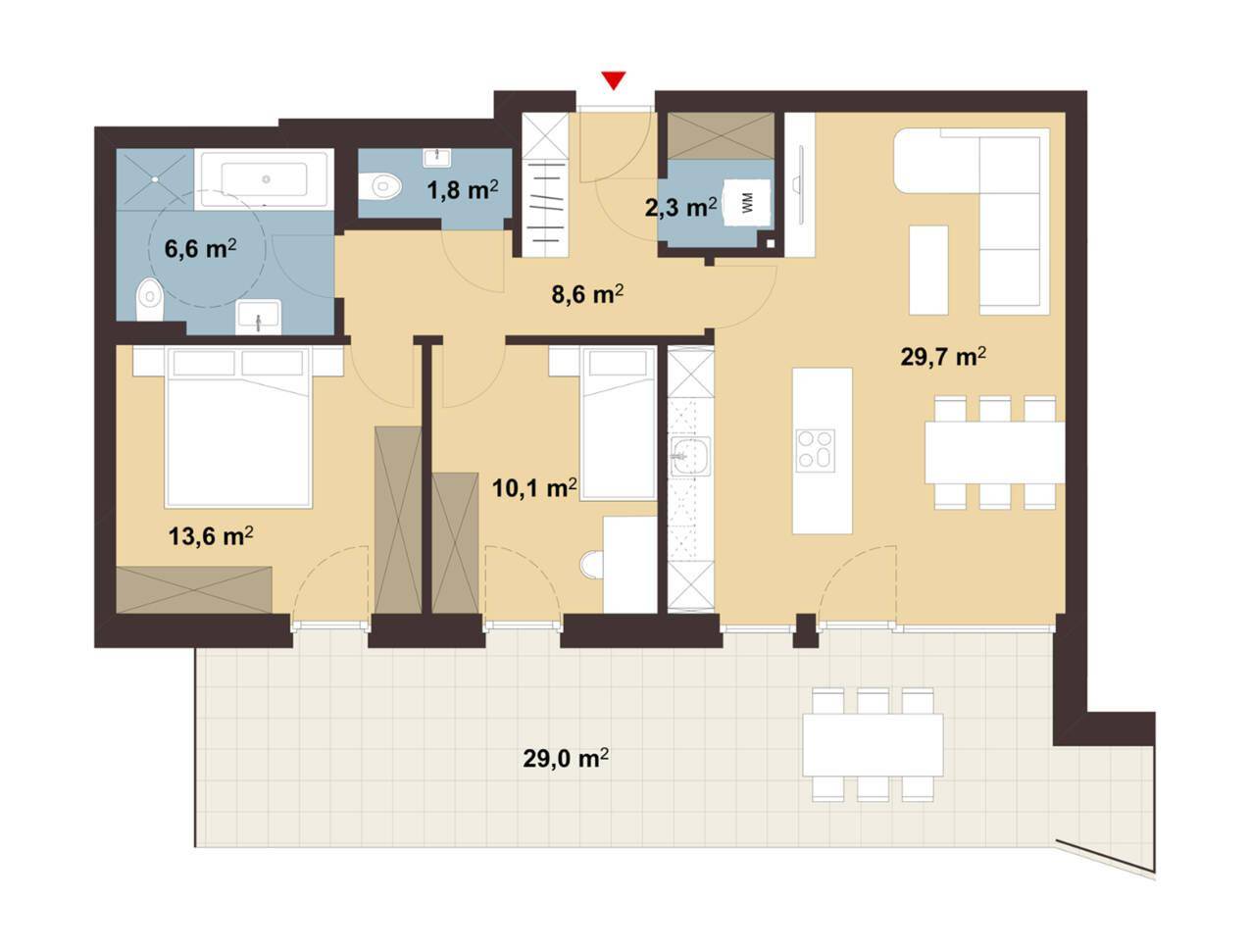 Dieser Grundriss zeigt eine moderne Wohnung mit offenem Wohn-Essbereich, einem Schlafzimmer, separatem WC und geräumiger Terrasse.
