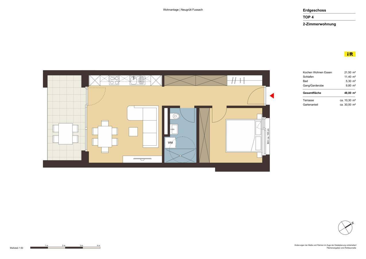 Grundriss einer 2-Zimmer-Wohnung im Erdgeschoss mit offener Küche, Terrasse und Gartenanteil.