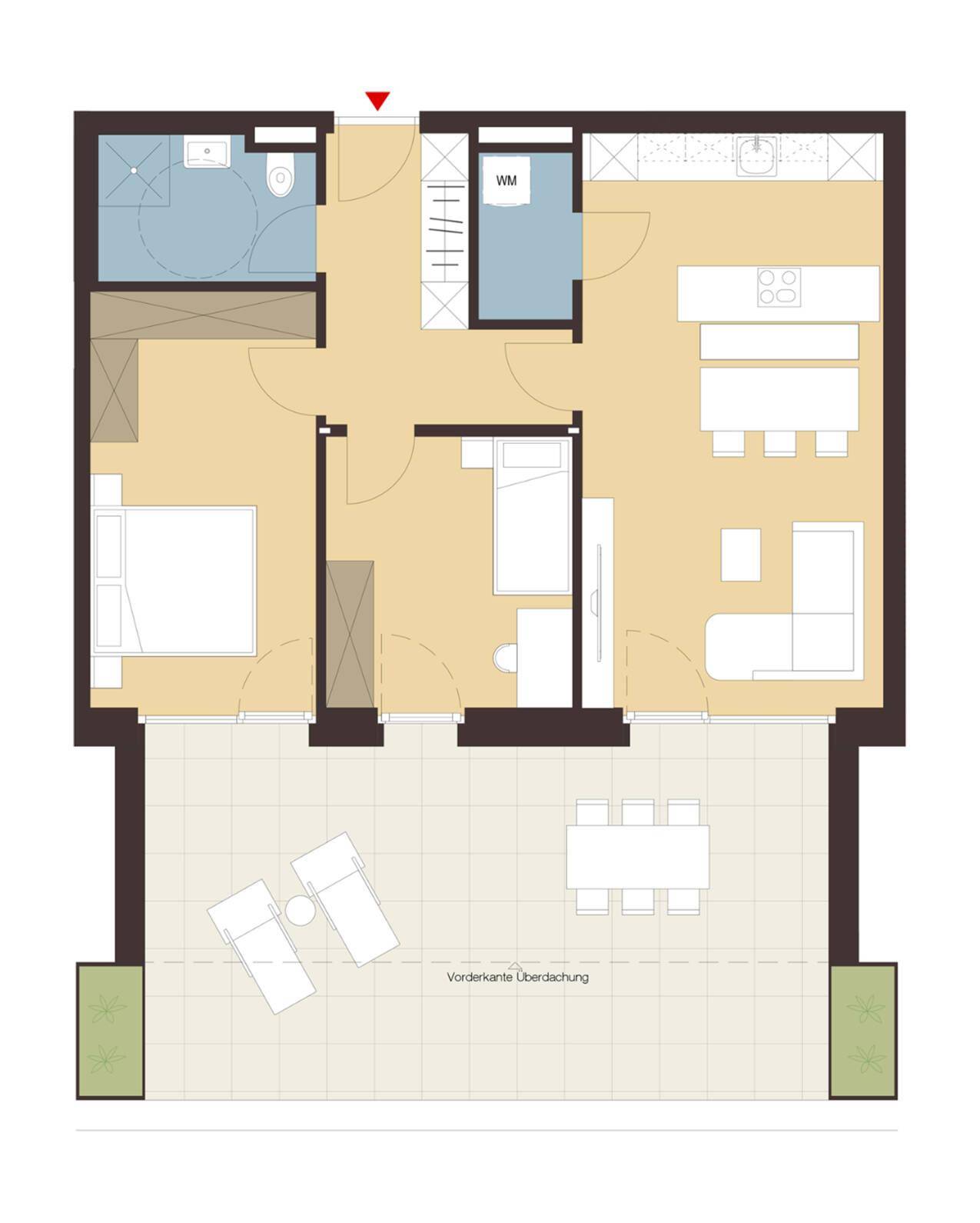 Grundriss einer Wohnung mit offenem Wohnbereich, Schlafzimmer und großer Terrasse.