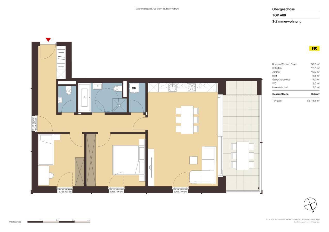 Grundriss einer 3-Zimmer-Wohnung im Obergeschoss mit offener Küche und großer Terrasse.