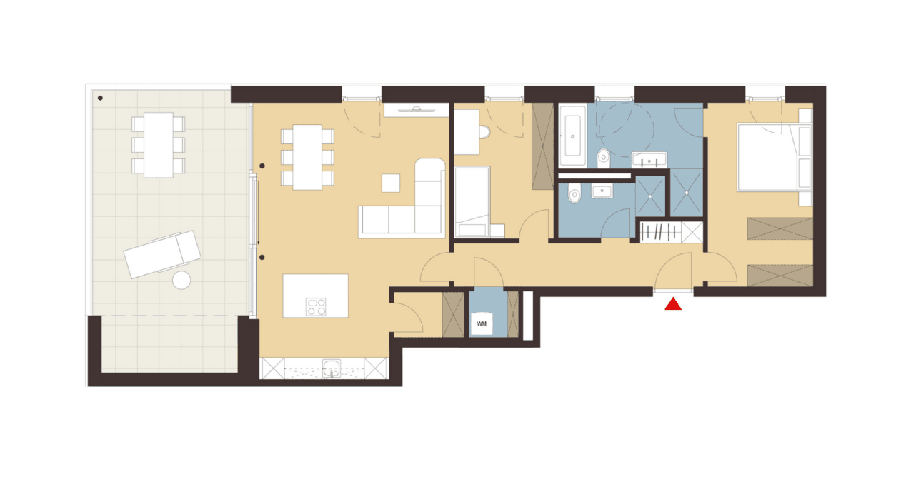 Grundriss einer Wohnung mit großer Terrasse, offenem Wohnbereich und zwei Bädern.