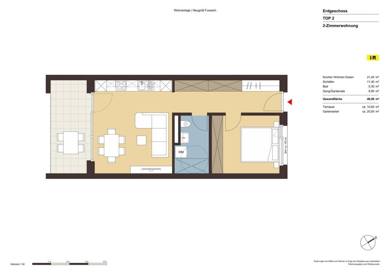 Grundriss einer 2-Zimmer-Wohnung im Erdgeschoss mit offener Küche, Terrasse und Gartenanteil.