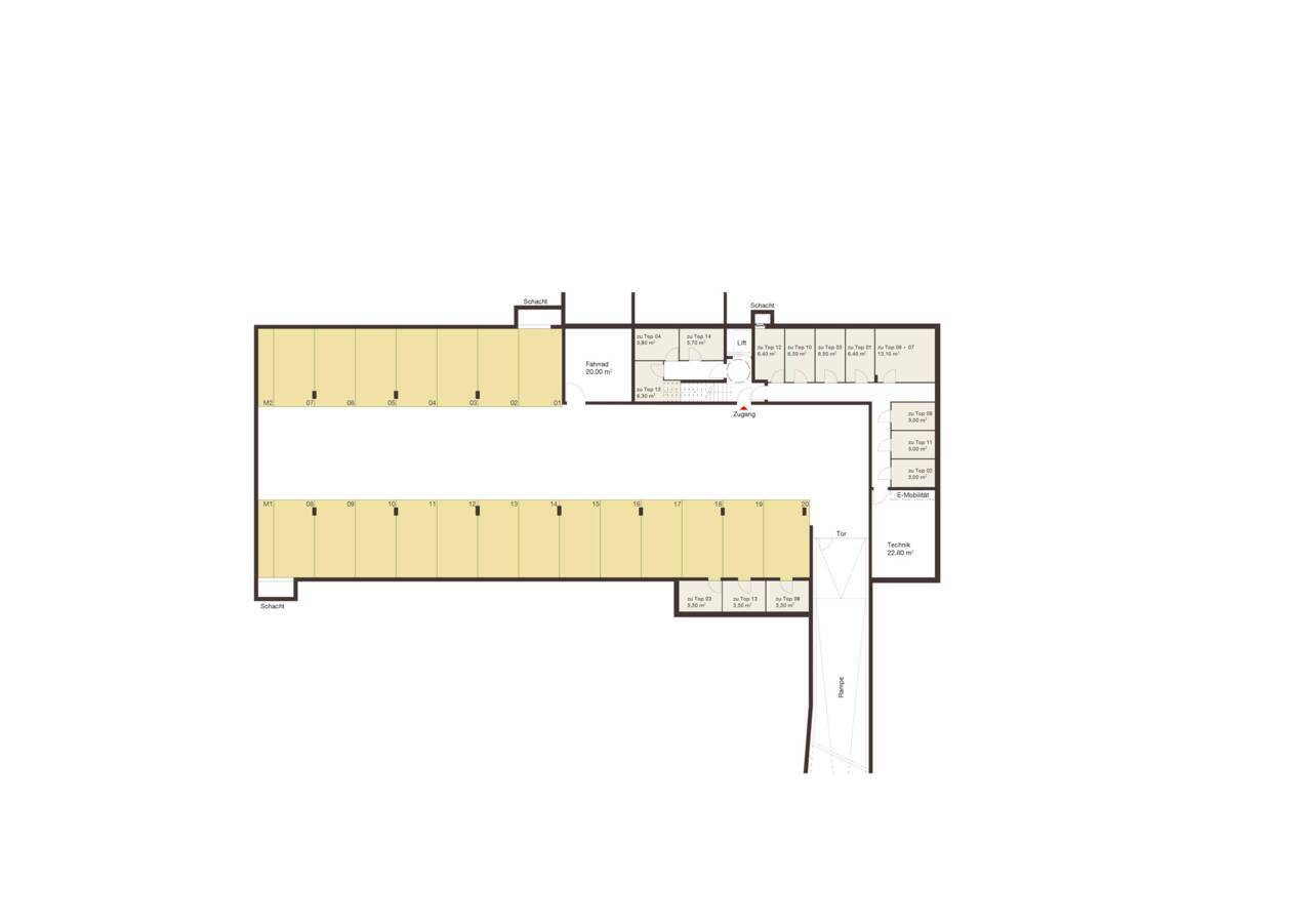 Grundrissplan einer Tiefgarage mit zahlreichen Stellplätzen und separaten Abstellräumen.