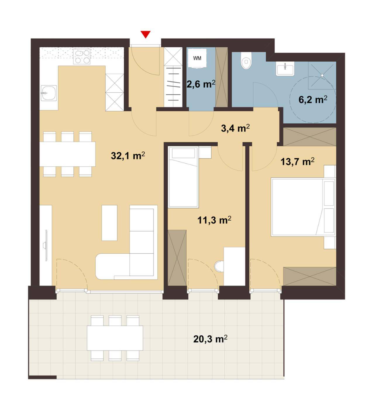 Grundriss einer Wohnung mit offenem Wohnbereich, zwei Schlafzimmern, zwei Bädern und einer großen Terrasse.