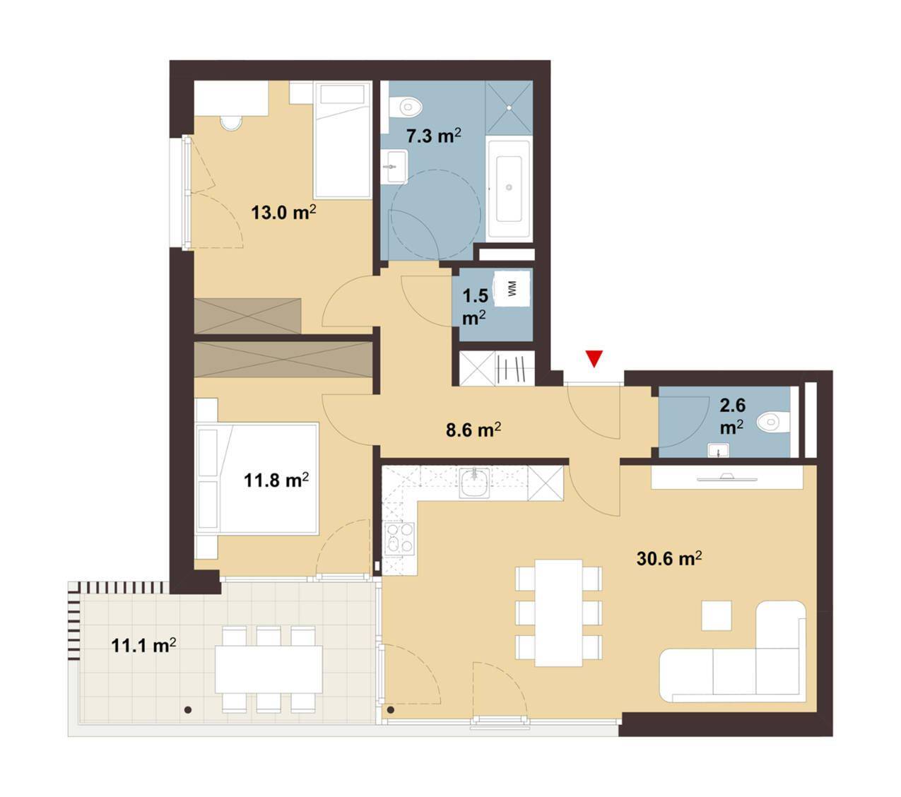Dieser Grundriss zeigt eine Wohnung mit offenem Wohn-Essbereich, zwei Schlafzimmern, zwei Bädern und einer großzügigen Terrasse.