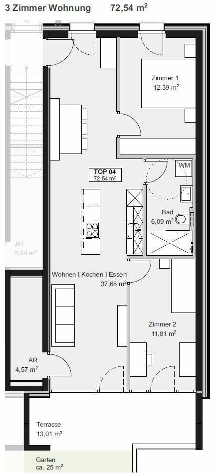 Grundriss einer 3-Zimmer-Wohnung mit offenem Wohnbereich, Terrasse und Garten.