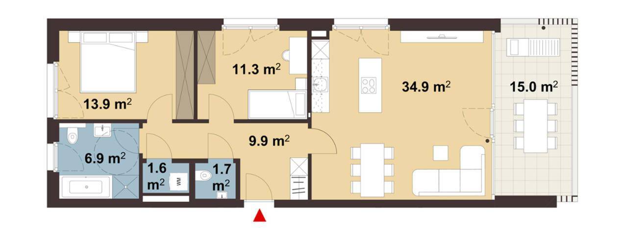 Grundriss einer Wohnung mit Schlafzimmer, Bad, offenem Wohnbereich und großer Terrasse.