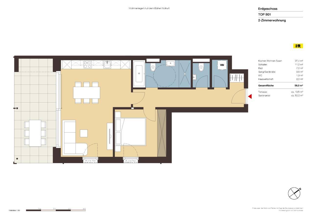 Grundriss der Erdgeschosswohnung B01 mit offenem Wohnbereich, Schlafzimmer, Bad und großer Terrasse.