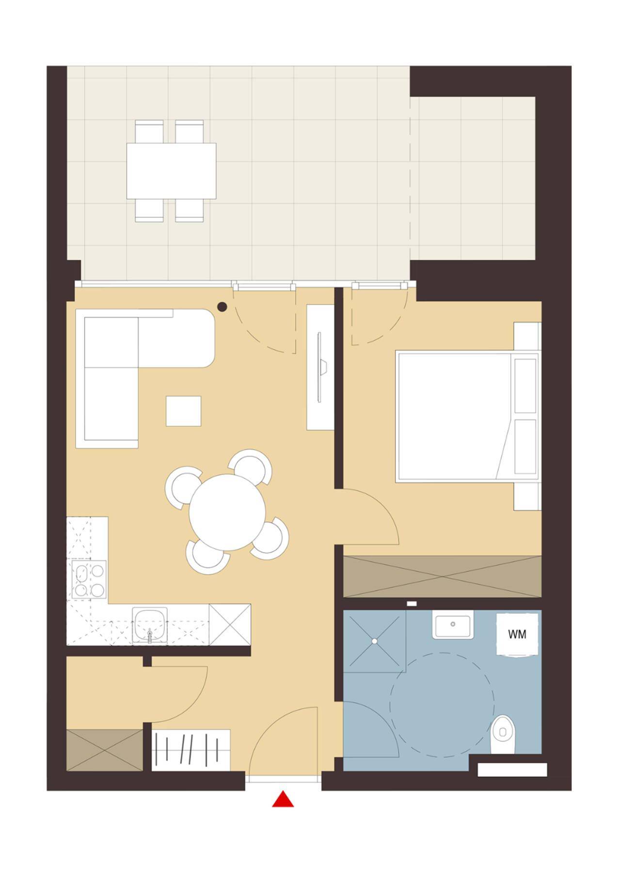 Grundriss einer Wohnung mit offenem Wohnbereich, integrierter Küche, Schlafzimmer und großem Balkon.