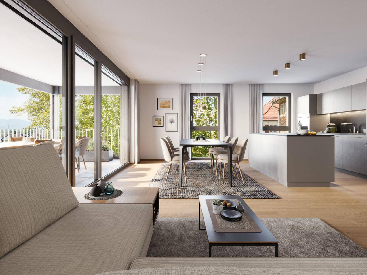 Heller, offener Wohn-Essbereich mit moderner Küche, Holzboden und Zugang zur Terrasse.
