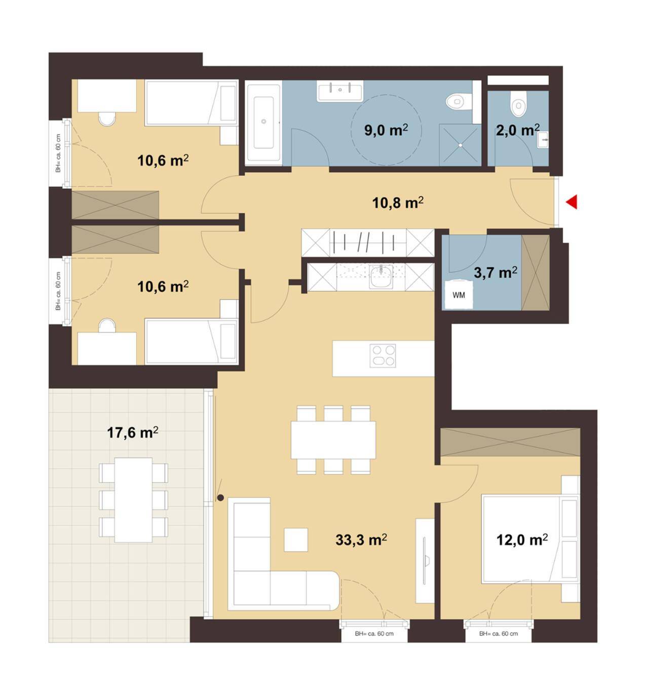 Detaillierter Grundriss einer Wohnung mit offenem Wohnbereich, zwei Bädern und Balkon.