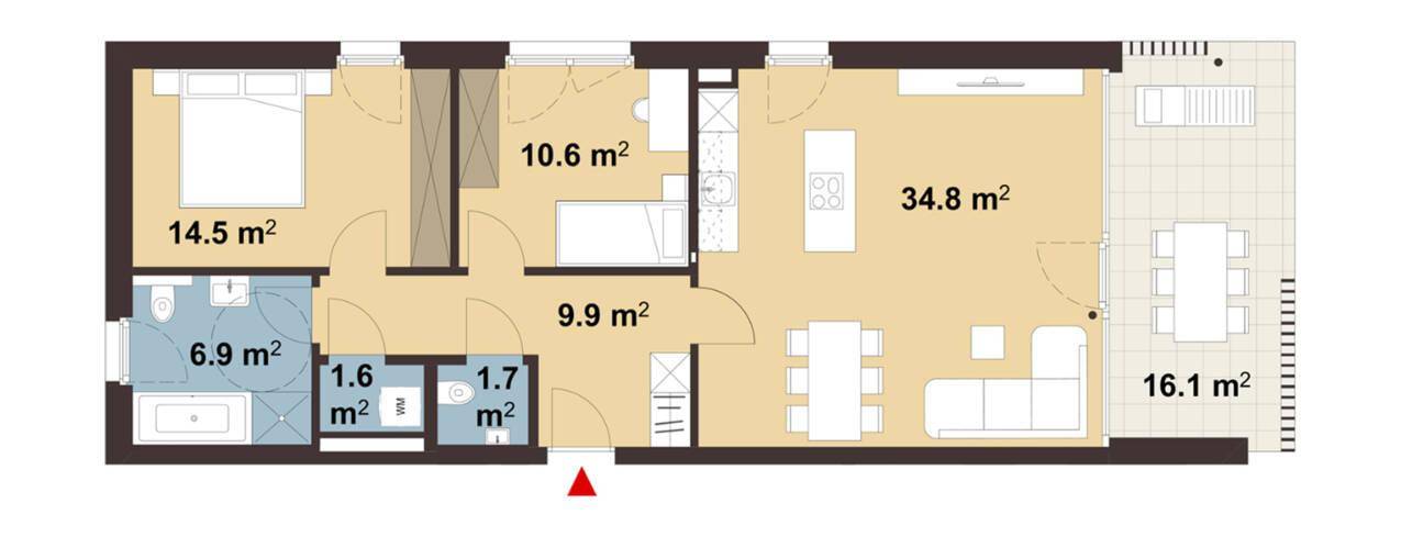 Grundriss einer Wohnung mit offenem Wohnbereich, Schlafzimmer, zwei Bädern und großer Terrasse.