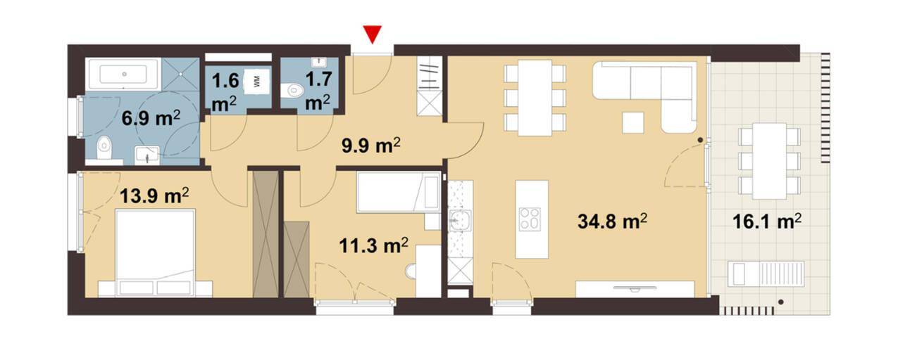 Grundriss einer Wohnung mit offenem Wohnbereich, zwei Schlafzimmern, zwei Bädern und einer großen Terrasse.